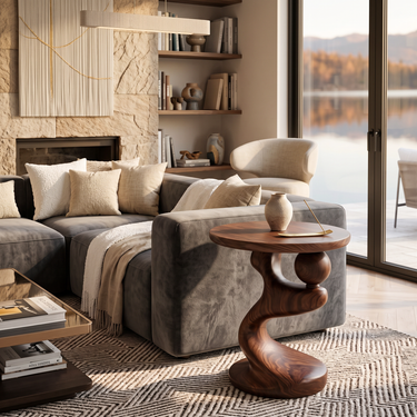 Modern Wooden Side Table With Artistic Curved Base For Living Room