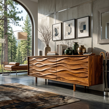 Contemporary Sideboard With Carved Wave Front Panels For Home