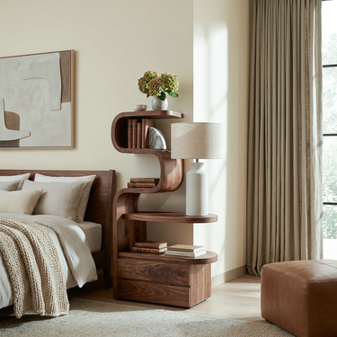 Sculpted Nightstand With Shelves And Drawers For Bedroom