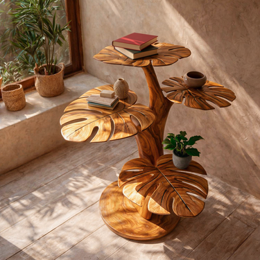 Modern Wood Side Table With Leaf-shape Tabletop For Lounge