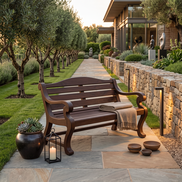 Classic Curved Wood Garden Bench With Sculpted Arms For Patio Or Entryway