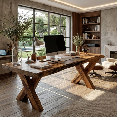 Rustic Live Edge Desk With X Legs For Home Office