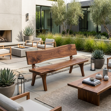 Contemporary Outdoor Wood Bench With Sculpted Back For Patio Or Courtyard