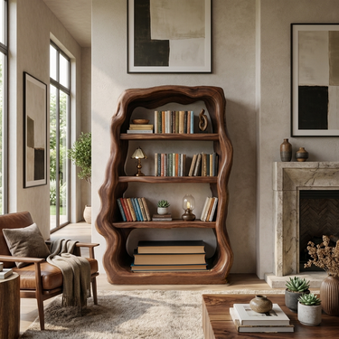 Rustic Sculptural Wooden Bookshelf With Carved Frame For Living Room Or Library