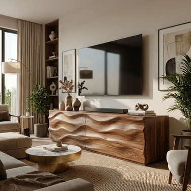 Modern Carved Media Console With Wave Front For Living Room