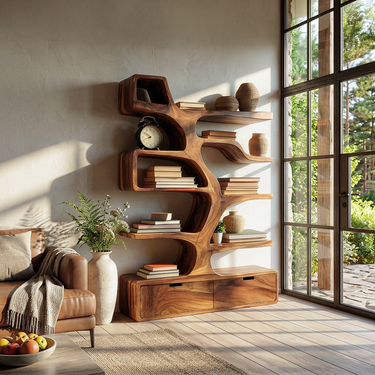 Contemporary Wooden Bookshelf Sculpted Design For Living Space