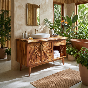 Tropical Wooden Vanity Cabinet With Carved Doors Spa Bathroom