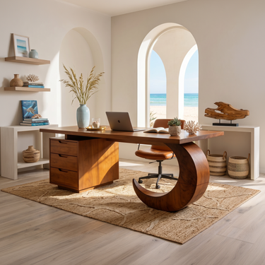 Mid Century Curved Desk With Side Cabinet For Office