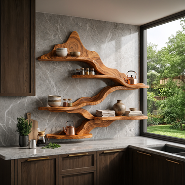 Rustic Live Edge Floating Shelves for Kitchen Storage