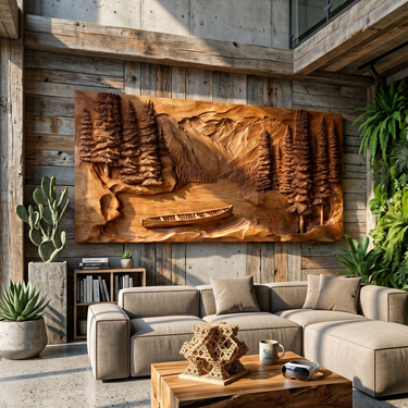 Rustic Mountain Lake Wood Wall Art For Luxury Cabin Living Spaces