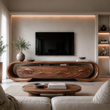 Contemporary TV Console Flowing Wave Carved Doors For Modern Interior
