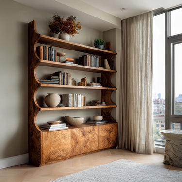 Organic Wooden Bookshelf With Curved Edges For Living Storage