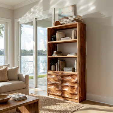 Minimal Wooden Bookshelf With Wavy Drawer Front For Home