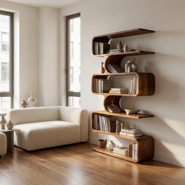 Handcrafted Wooden Bookshelf With Sculpture Edges For Living Room