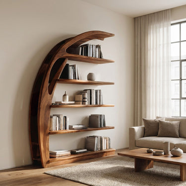 Minimal Curved Wooden Bookshelf For Living Room Display