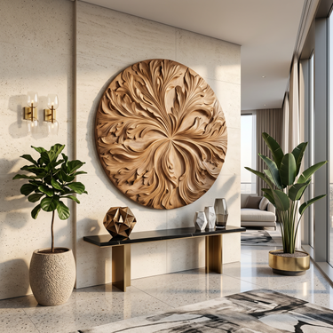 Round Wood Wall Decor With Floral Texture For Foyer