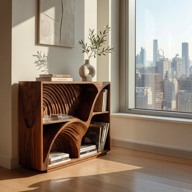 Modern Wooden Magazine Rack With Carved Compartments For Living Room