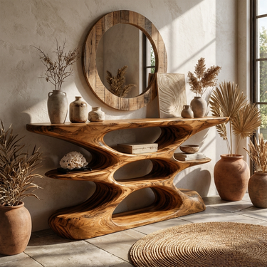 Contemporary Sculptural Wood Console Table With Cutout Shelves For Living