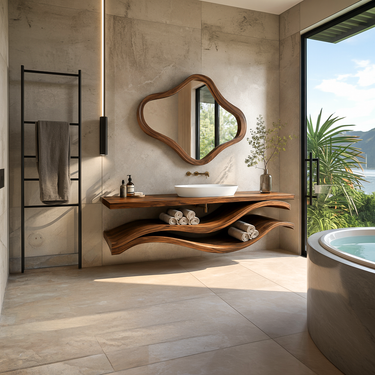 Luxury Bathroom Vanity With Flowing Wave Open Shelves For Bath