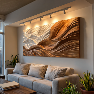 Modern Wooden Wall Art With Carved Wave For Home Decor