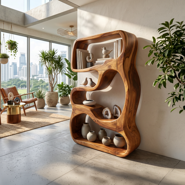 Minimalist Wooden Bookshelf Featuring Curved Side Panels