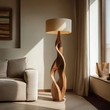 Sculptural Wooden Floor Lamp With Fabric Shade For Bedroom