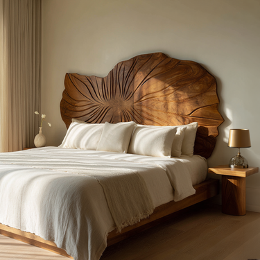 Sculptural Leaf Wood Headboard For Contemporary Neutral Bedroom
