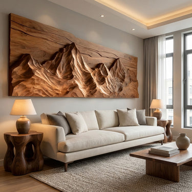 Contemporary Sculptural Wood Wall Art Mountain Design For Living Room