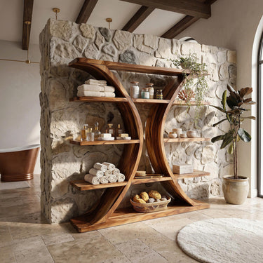 Luxury Organic Wooden Spa Shelf With Sculptural Curved Frame