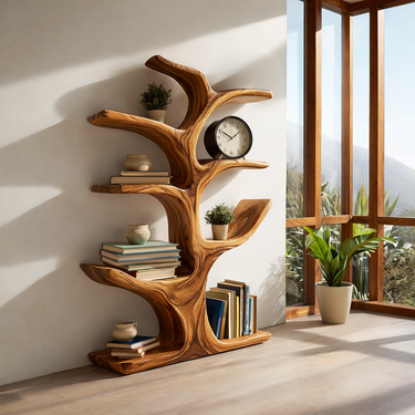 Modern Wood Bookshelf Sculptural Curved Design For Living Room