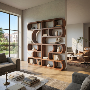 Modern Sculptural Bookshelf With Symmetrical Curves For Living Room Or Office