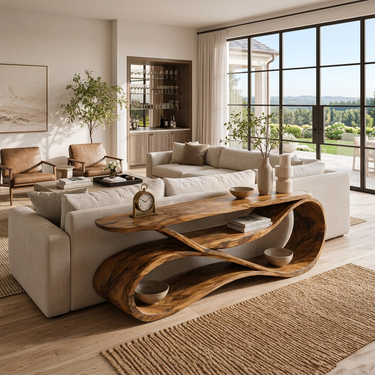 Modern Wooden Console Table Flowing Shelf Design For Living