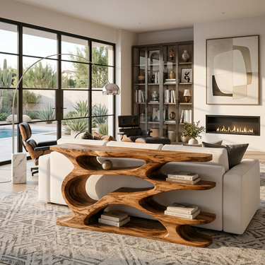 Rustic Wooden Console Table With Curved Open Storage For Living