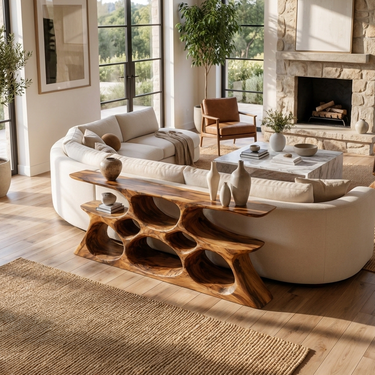 Elegant Wooden Console Table With Sculptural Shelves For Home Decor