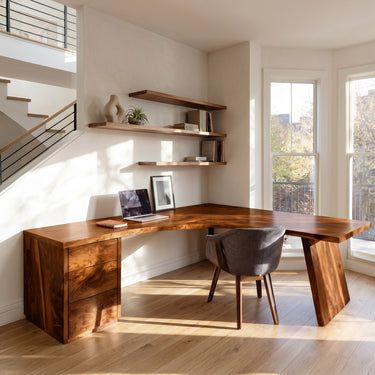 Rustic Wooden L-Shaped Desk For Bright Study Room