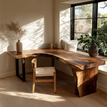 Organic Wooden L Desk With Live Edges For Minimalist Workspace
