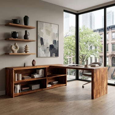 Modern Curved Natural Wood L Desk For Minimalist Office