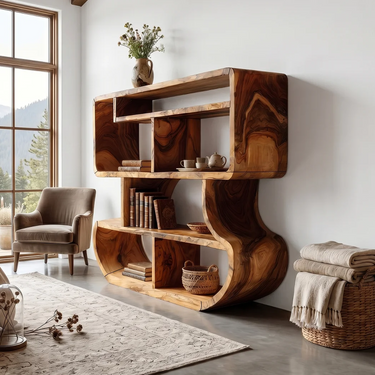 Modern Curved Wooden Bookcase With Integrated Open Storage