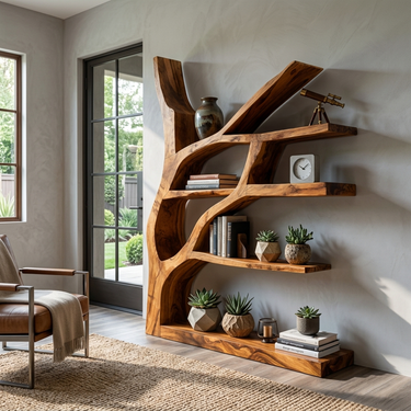 Contemporary Wooden Bookshelf Sculptural Shape For Living Room