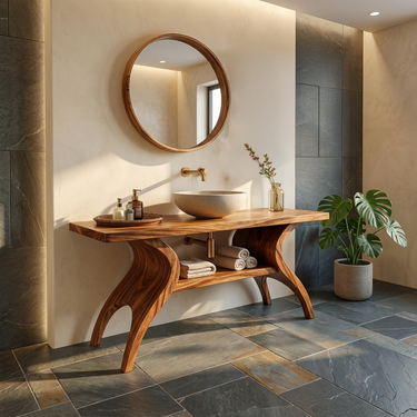 Organic Wooden Bathroom Vanity With Open Towel Shelf For Bath