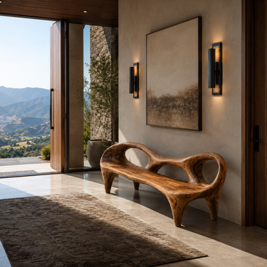 Sculptural Wooden Entryway Bench With Rounded Edges For Entryway