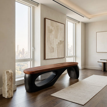 Organic Wooden Bench With Curved Black Base For Home Decor