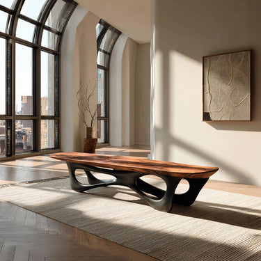 Curved Wooden Statement Bench For Modern Apartment
