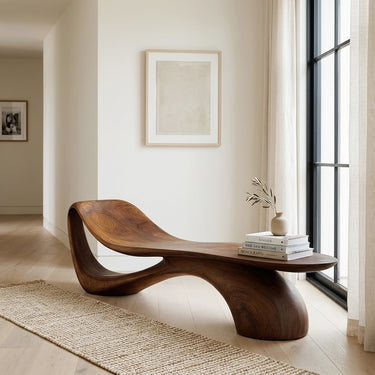 Modern Wooden Bench With Curved Sculptural For Living Decor