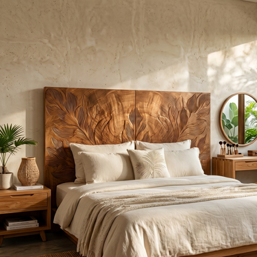 Tropical Botanical Wood Headboard For Warm Coastal Bedroom