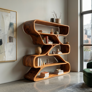 Minimalist Organic Wooden Shelf With Rounded Open Compartments