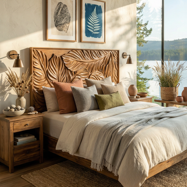 Coastal Botanical Wood Headboard For Organic Bedroom Decor