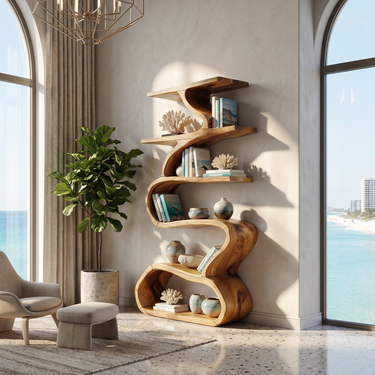 Organic Wooden Wall Bookshelf With Flowing Curves
