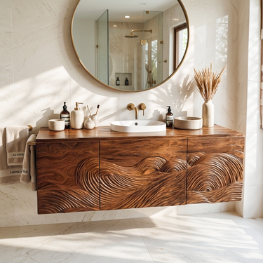 Sculptural Bathroom Vanity Wave Texture Wood Cabinet For Luxury Bathroom