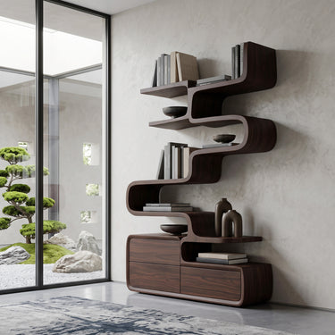 Scandinavian Sculptural Wooden Bookshelf With Organic Shape For Living Room